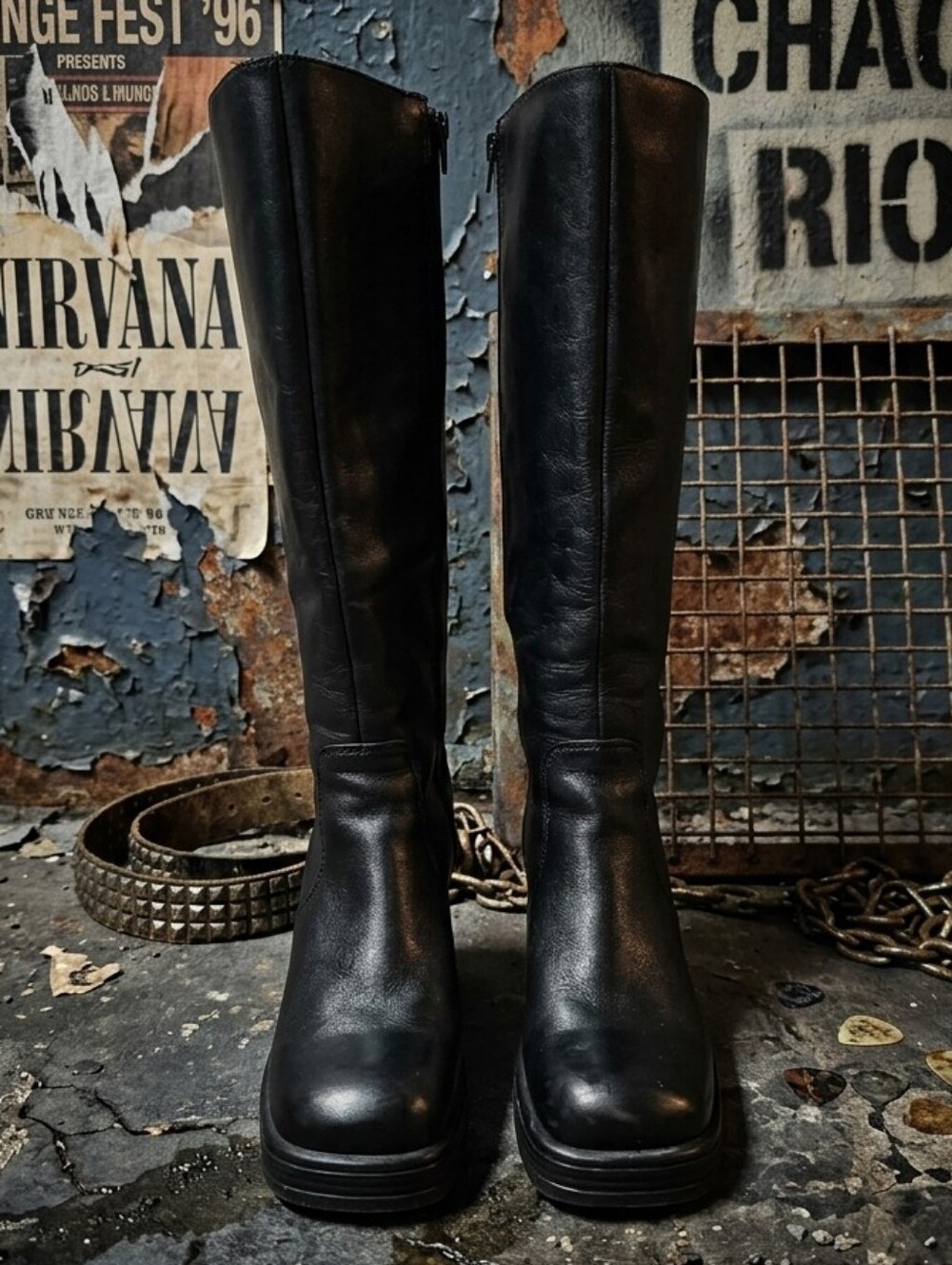 Steve Madden Fanatik Black Leather Knee High Platform Boots Square Toe 8.5M